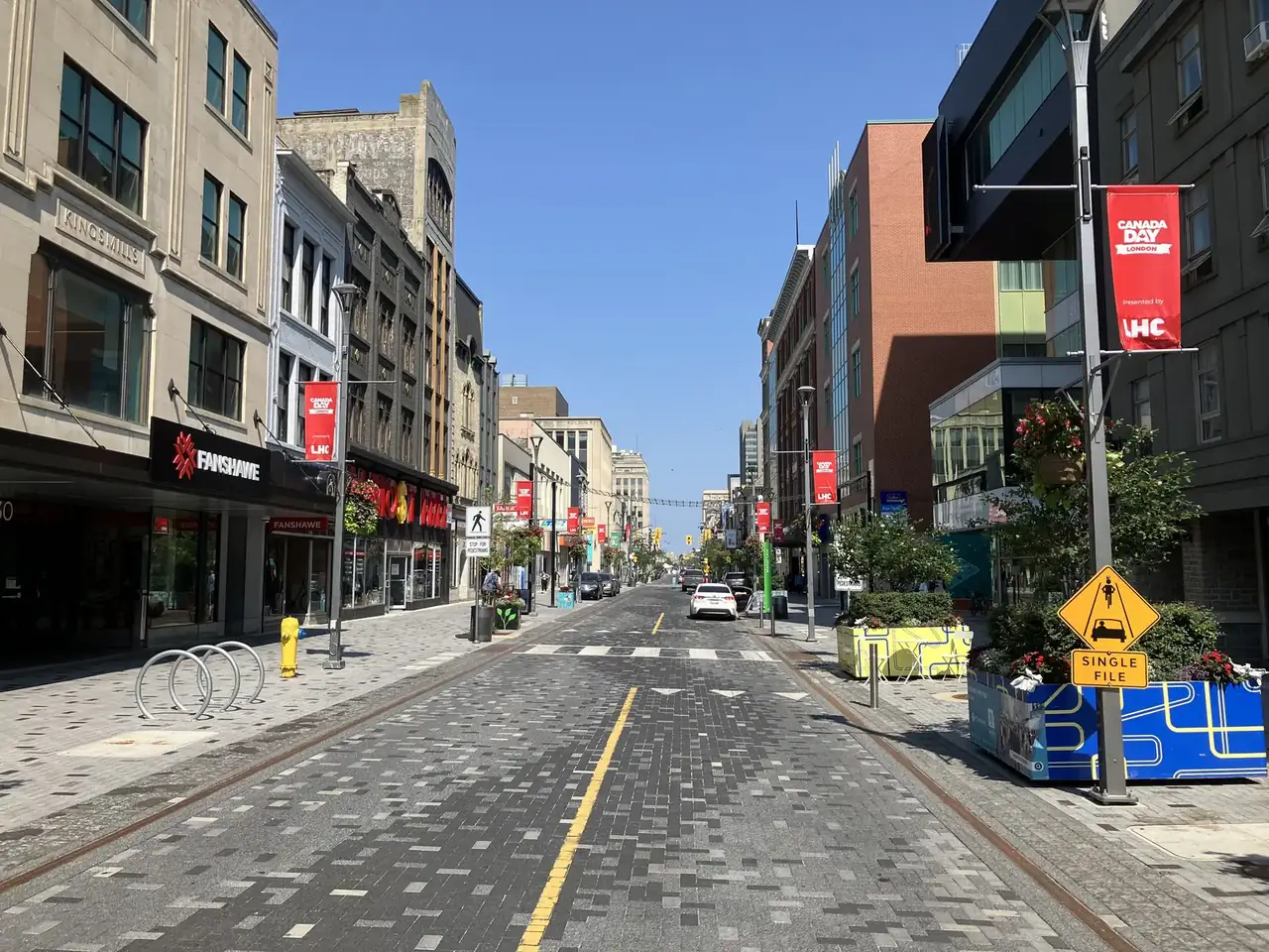 Dundas Street in downtown London, Ontario, facing east near Talbot Street, a wide brick pedestrian street lined with older commercial buildings.